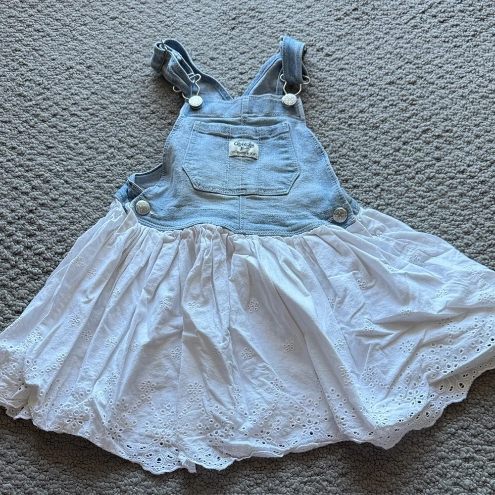 OshKosh B'gosh Light Blue Denim Overall Dress with White Eyelet Skirt